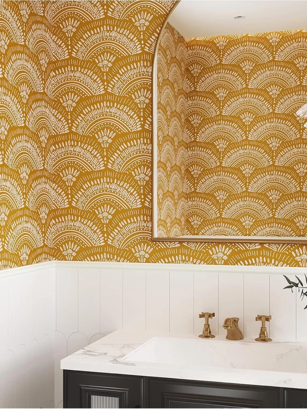 Boho Wallpaper with Scalloped Fans Motif in Yellow Ochre and White